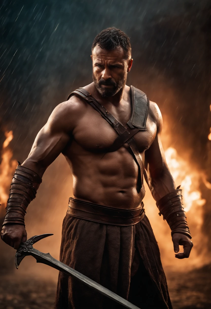 masterpiece, detailed, intricate, epic fantasy, colorful, full body, slight angle, man, 50 years old, hulking, brawny, fierce, fitted, ankle wraps, very hairy torso, big strong hands, fine detailed, running, intense action, dynamic juxtaposition, skimpy revealing slavery outfit, receding hairline, smirk, gladiator, with a sword, blades, big ancient city on fire in the background, heavy rain, smoggy, pointing away, depth of field, particle effects, high quality shadows, very intense action