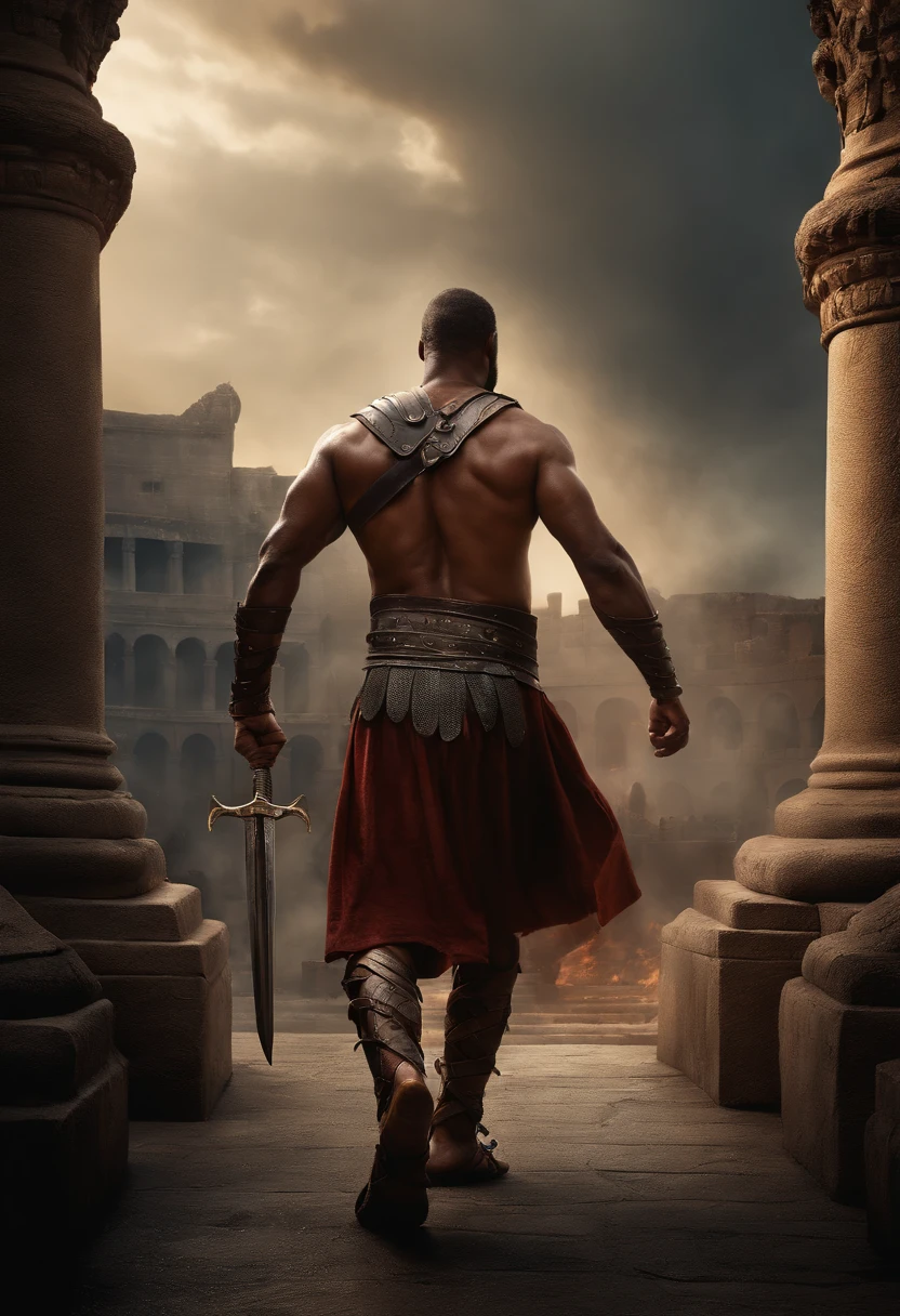 Roman soldier man in soldier's garb is standing in front of a Roman colossus, uma captura de tela inspirada em Alexander Fedosav, Dynamic Action Pose, Reddit, Massurrealismo, muito sexy masculino, em um coliseu, meio tiro de um hunky, gladiador romano, strong masculine features, homens musculosos, musculoso, in an arena pit, macho insanamente bonito, short messy hair, curtido atraente macho de carne com armadura