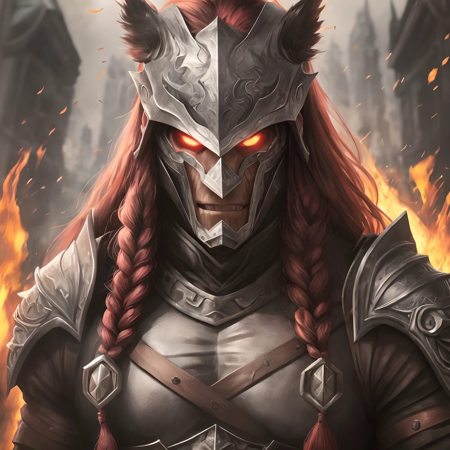 armadura, Potrait Berserker, Barbarian man, Arte de Fantasia, of his gaze alone enemies beginning to panic, one head, devilish smile, besta do inferno, demonio, White Fire Sky, guerreiro, com foice e escudo, lindo, homens, Werelion, Long red braided hair, olhos dourados brilhantes, Realista, altamente detalhados, Motor irreal, 8k de luxo