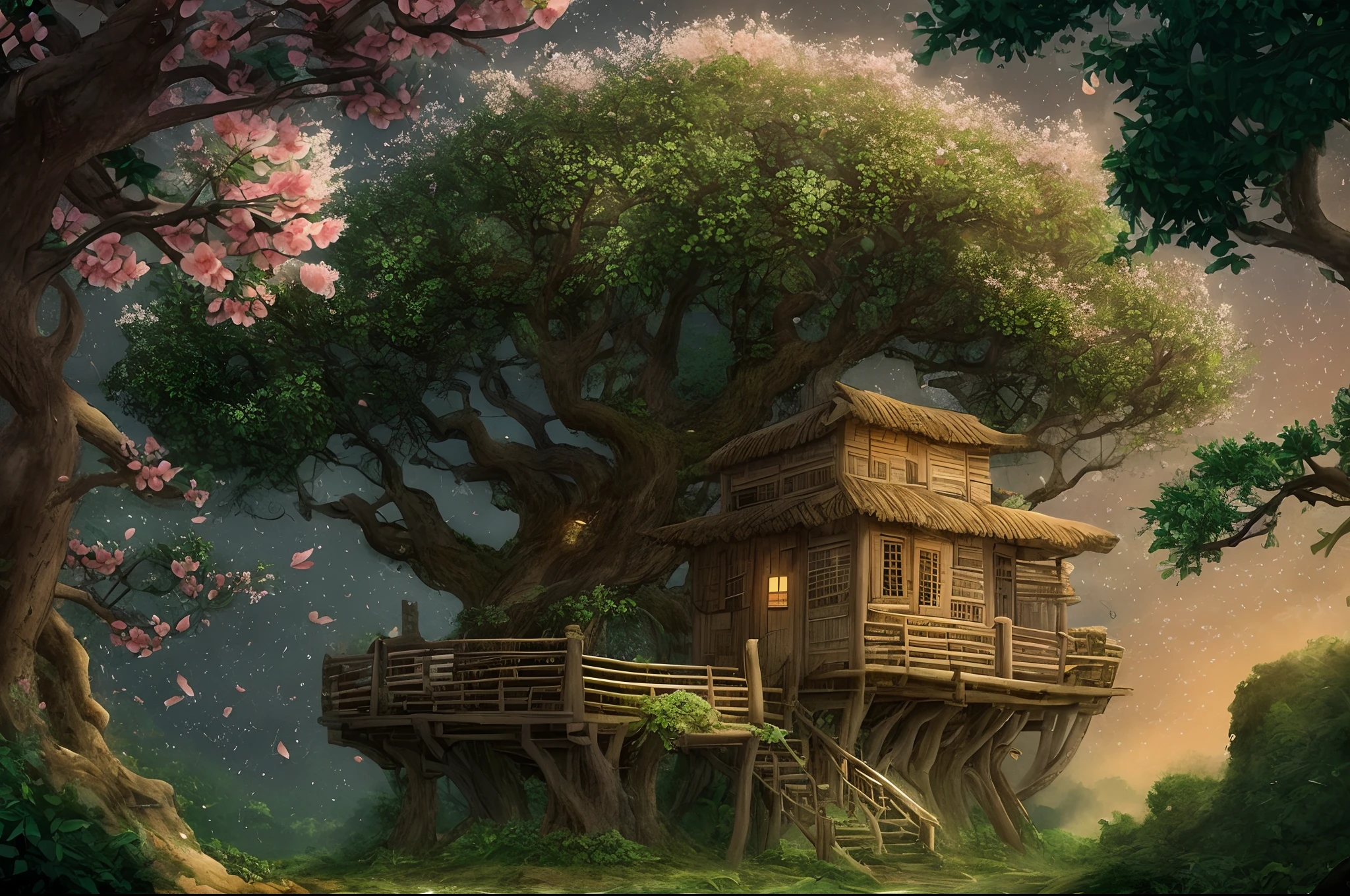 premiados, Conceito-Arte, Belas Artes, epic fantasy digital art, bird's eye vision,Cinematic lighting,Vista descendente,Tiro Super Wide,Viewing angle from afar,profundidade de campos,A beleza da floresta de contos de fadas,cachoeira,Pitoresca, Pitoresco, Rustic, Seios grandes e exuberantes, ((Gramados;1.5)), ((Peach blossom tree:1.5)), Pequenos rios, ((Many treehouses)), ((The treehouse is connected to the treehouse by a wooden bridge)), ((Ivy is intricate)), epics, ((Cinematic lighting)), alta qualidade, alto contraste, realistic lighting,Texturas 4k, photolab, HDR, ((intrincado)), elegante, altamente detalhado, foco nítido, detalhes insanos, detalhes intrincados, Ultra - Detalhado, Luz dura do filme, atmosfera ao ar livre,tmasterpiece,melhor qualidade,(Muito detalhado CG unidade 8k papel de parede),(melhor qualidade),(best illustration),(Melhor sombra),Sprites brilhantes,Tema Elementos Naturais na Floresta。floresta misteriosa,Floresta bonita,natureza,cercado por flor,Delicate leaves and branches are surrounded by fireflies(elementos da natureza),(tema selva),(folhagem),(tree branch),(particle effect)esperar。..3d , Traching de raias,