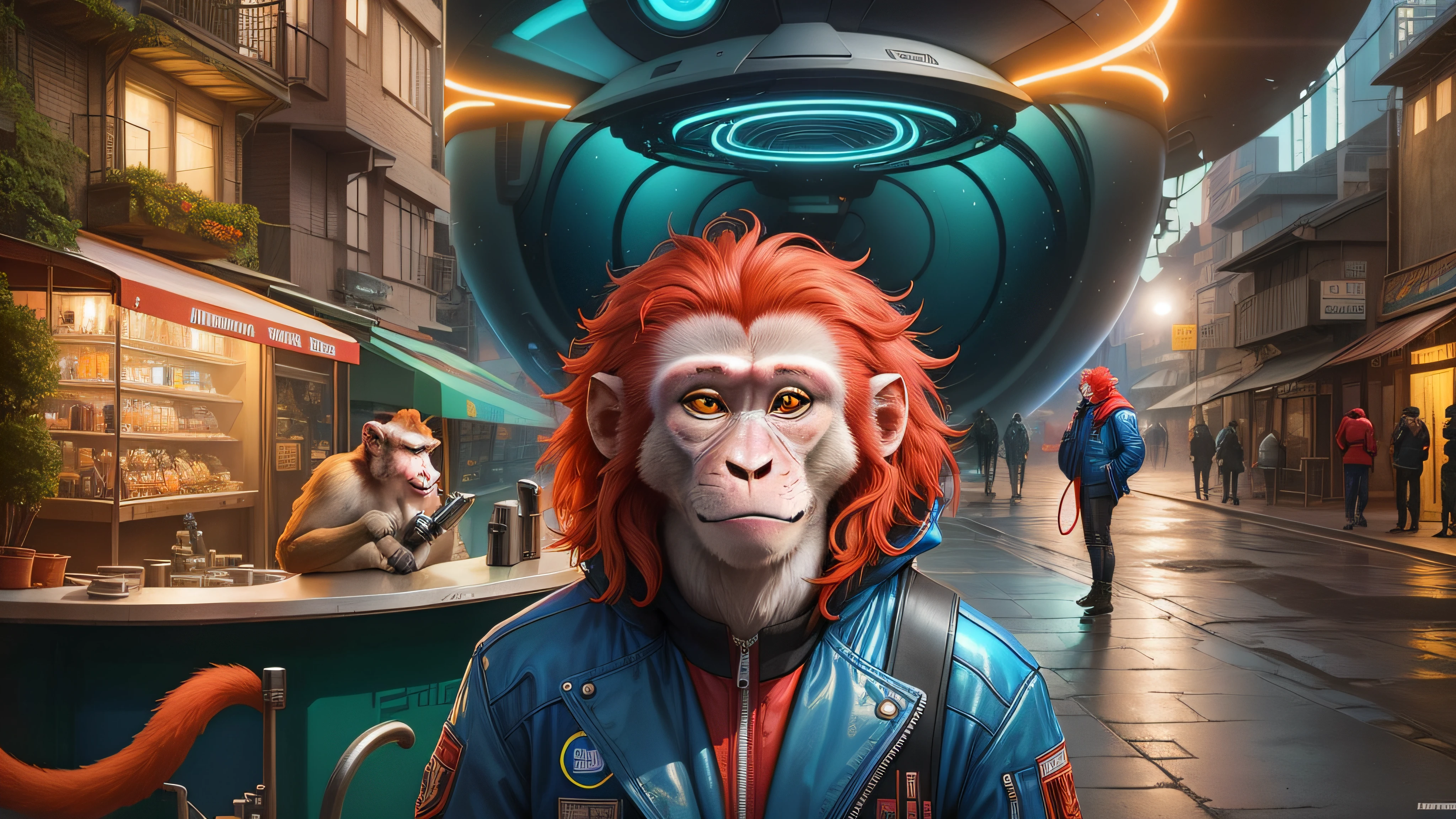 arafed monkey with red hair and a blue jacket standing in a street, macaque inside alien base, greg beeple, in style of beeple, beeple and jean giraud, beeple |, beeple artwork, beeple masterpiece, beeple and tim hildebrandt, beeple. hyperrealism