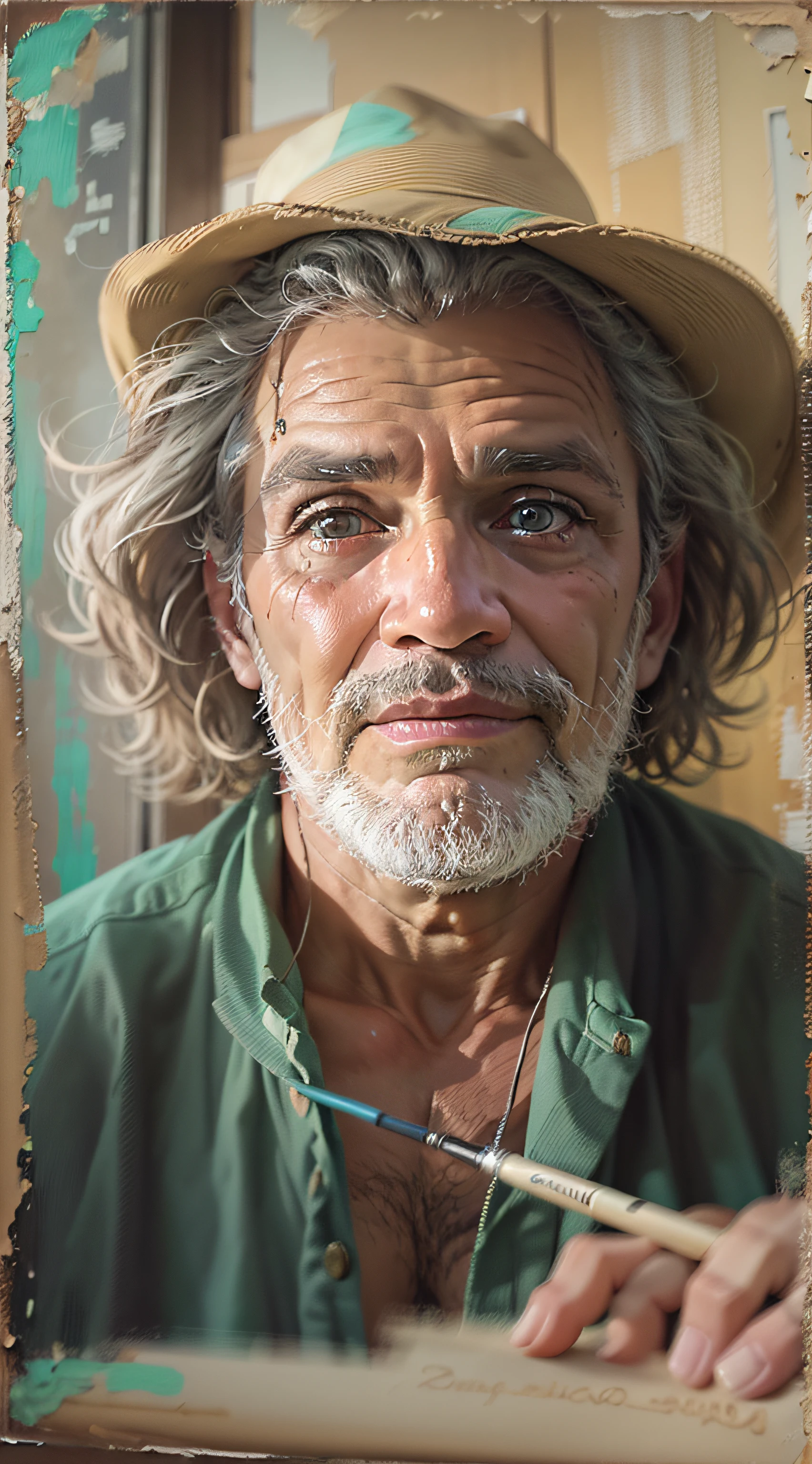 Homem, 50 anos, Pintura realista, pastel, Artista apaixonado, art-station, Smoothness in high definition, Cores vivas e quentes, luz natural suave, Lente macro para detalhes sutis, Perspectiva delicada