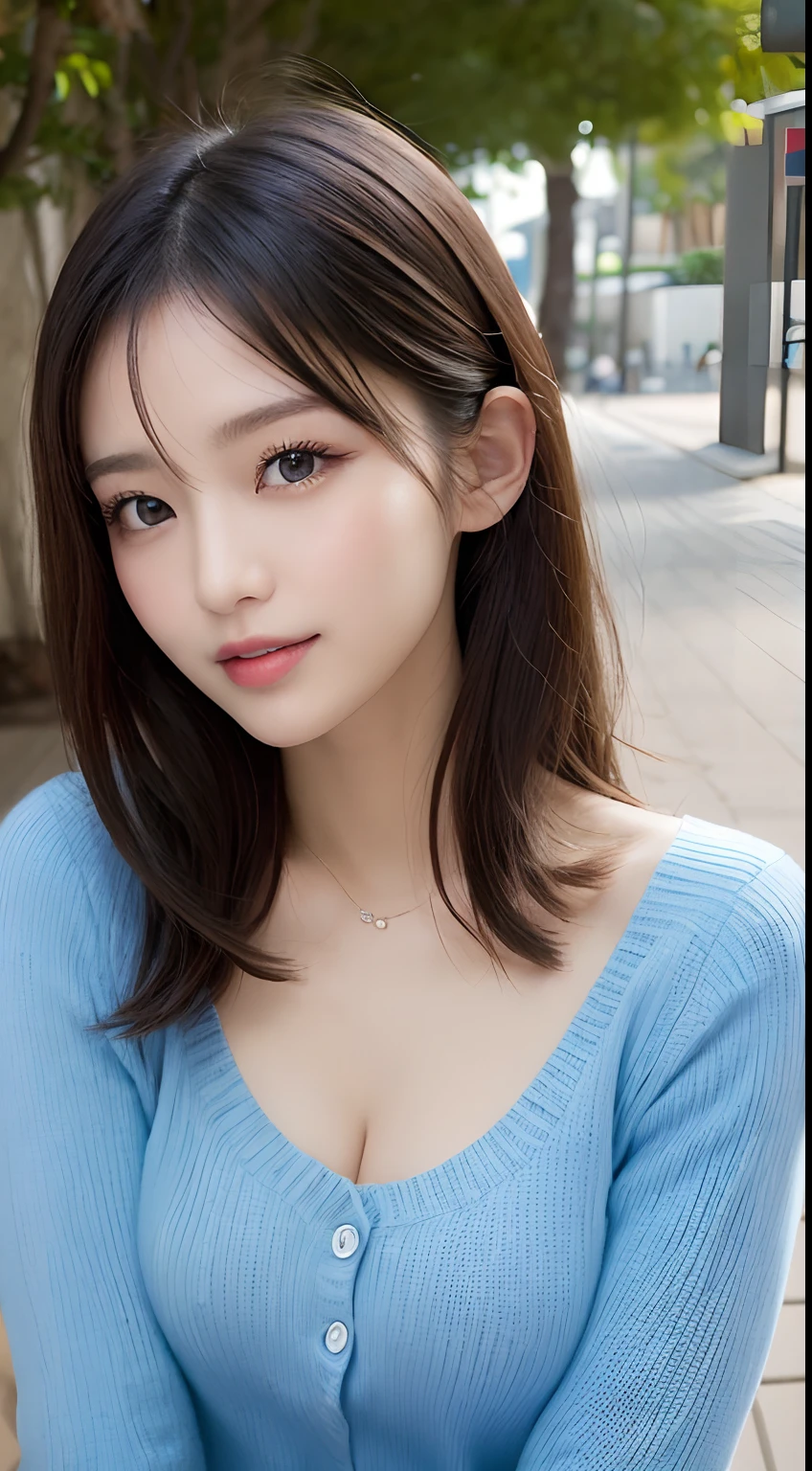 masutepiece, Best Quality, Illustration, Ultra-detailed, finely detail, hight resolution, 8K Wallpaper, Perfect dynamic composition, Beautiful detailed eyes, Natural Lip, Dark blue knitted dress , Big breasts, cleavage, Cross legs