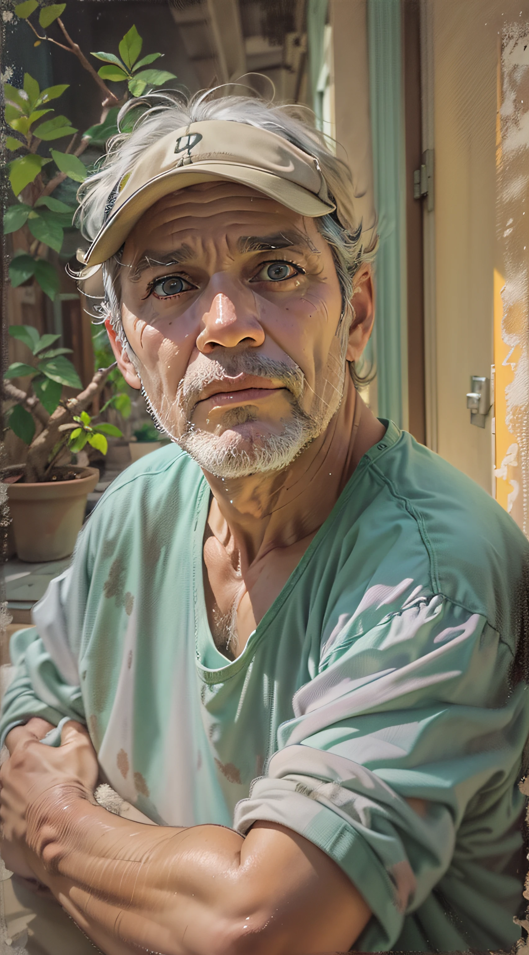 Homem, 50 anos, Pintura realista, pastel, Artista apaixonado, art-station, Smoothness in high definition, Cores vivas e quentes, luz natural suave, Lente macro para detalhes sutis, Perspectiva delicada