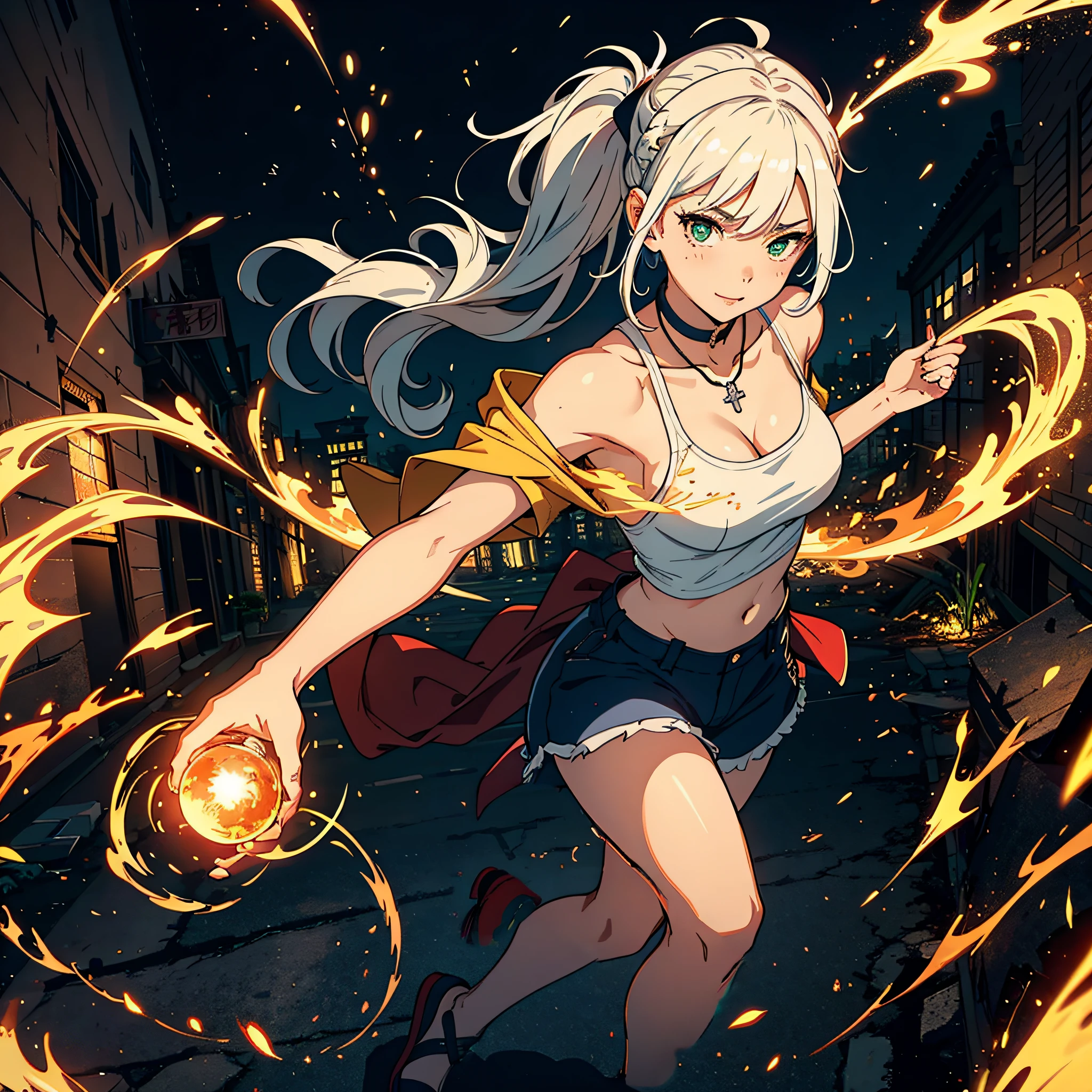 (top-quality、hight resolution、8k、masterpiece:1.2)。Curvaceous but slender、Muchimuchi Body、Grinning Female Wizard、Vandalizing buildings in a battered ancient city。Women wield magical powers。With magic emitted from the right hand、Buildings and roads、Bolides、Next Bridge々and have collapsed、Scattered with burning debris。Rubble and pebbles float up、A yellow aura covers her entire body。Although its power is overwhelming、At the same time it is in harmony with beauty。Draw the moment she is destroying the building with magic。Half-taken off hoodie、accessorized、mole、Eyebrows、poneyTail、Muscular nose、Clear detailed green eyes、Red-haired、short-haired、a choker、Fleshy lips、Physical beauty、well-muscled、Raise bangs in a headband、Oforehead、Mysterious fashion、Street Fashion、Anime style、animesque、The scene of the great fire、Oversized trousers、unreal、Depiction in motion、White the、Fashion in white tones、Vandalism、insurrection、karo、Decaying buildings、the fire、Fire incident、tornado、Hair covers one eye、Must-win poses、Backgrounds with depth、Wearing a sword、Flame Magic、Wizard Equipment、Light equipment、a necklace、Bracelets、Misanga、espadrilles、thunder、lightning bolt、colorful backdrop、Thunder in the hand、