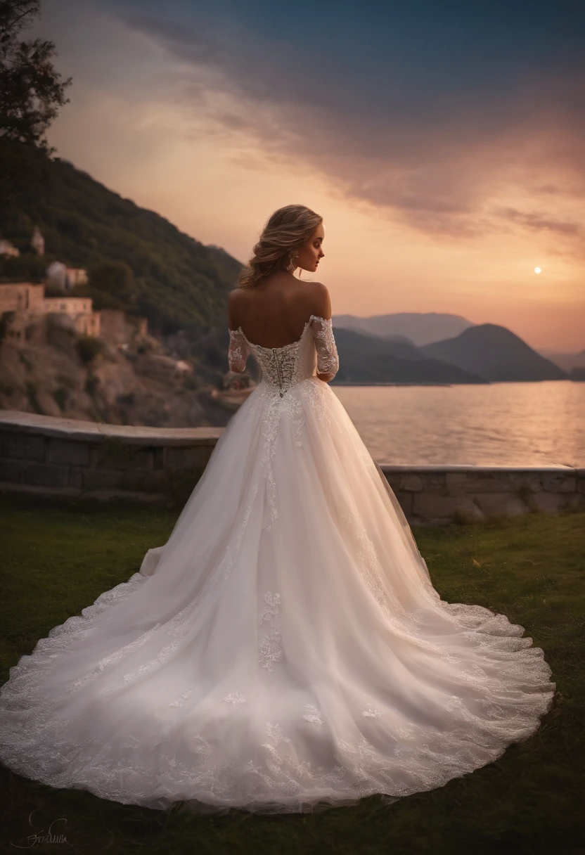 (Best quality, High definition, Masterpiece:1.2,), illustration, Night, 1girll, full bodyesbian, (Wedding dress), arm behind back, waiting for kiss, view the viewer, cheerfulness, Blush,