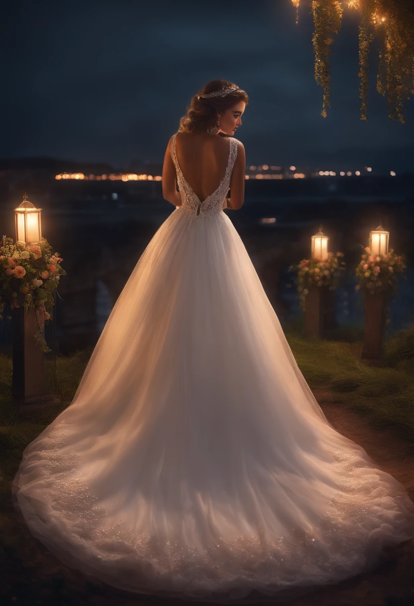 (Best quality, High definition, Masterpiece:1.2,), illustration, Night, 1girll, full bodyesbian, (Wedding dress), arm behind back, waiting for kiss, view the viewer, cheerfulness, Blush,