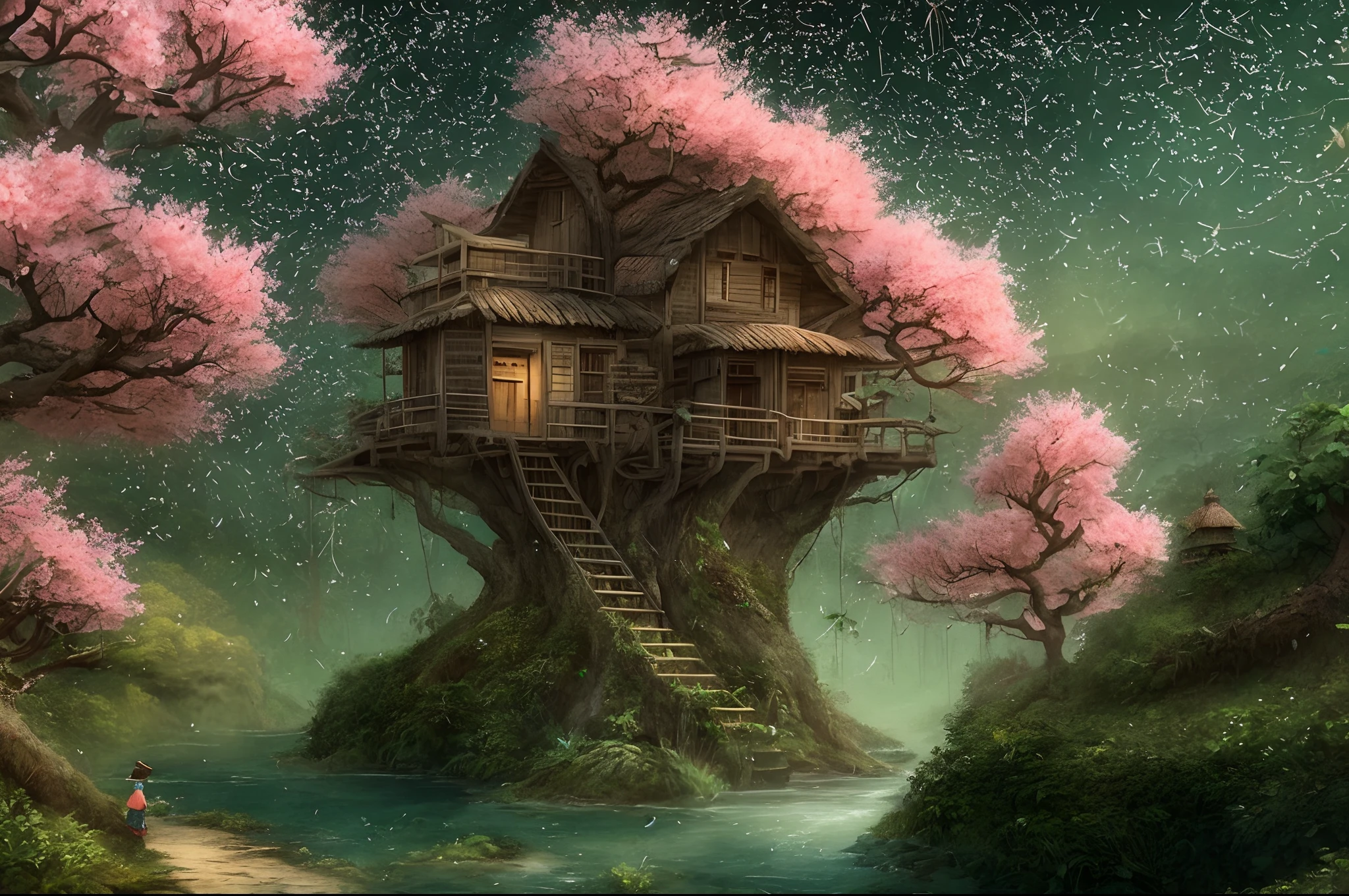 premiados, Conceito-Arte, Belas Artes, epic fantasy digital art, bird's eye vision,Cinematic lighting,Vista descendente,Tiro Super Wide,Viewing angle from afar,profundidade de campos,The beauty of an idyllic country fairy tale,cachoeira,Pitoresca, Pitoresco, Rustic, Seios grandes e exuberantes, ((Gramados;1.5)), ((Peach blossom tree:1.5)), Pequenos rios, ((Many treehouses)), ((The treehouse is connected to the treehouse by a wooden bridge)), ((Ivy is intricate)), epics, ((Cinematic lighting)), alta qualidade, alto contraste, realistic lighting,Texturas 4k, photolab, HDR, ((intrincado)), elegante, altamente detalhado, foco nítido, detalhes insanos, detalhes intrincados, Ultra - Detalhado, Luz dura do filme, atmosfera ao ar livre,tmasterpiece,melhor qualidade,(Muito detalhado CG unidade 8k papel de parede),(melhor qualidade),(best illustration),(Melhor sombra),Sprites brilhantes,Natural elements in the idyllic rural theme。Mysterious idyllic countryside,Beautiful idyllic landscape,natureza,cercado por flor,Delicate leaves and branches are surrounded by fireflies(elementos da natureza),(Idyllic village theme),(folhagem),(tree branch),(particle effect)esperar。..3d , Traching de raias,