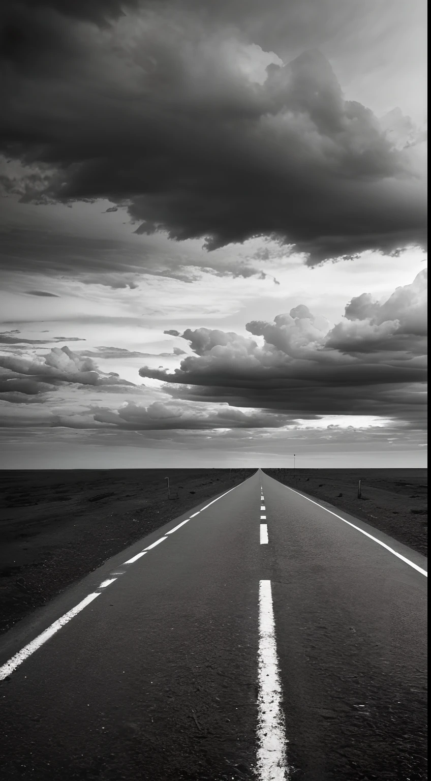 The road to nowhere (One-way traffic), Noir style, A lot of small details of the environment, Very clear texture of old asphalt, heavy cumulus clouds; high quality textures(Enhanced Clarity, High image sharpness, DO NOT BLUR!)