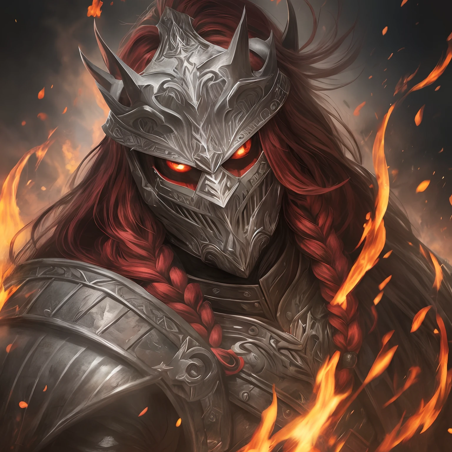 armadura, Potrait Berserker, Barbarian man, Arte de Fantasia, of his gaze alone enemies beginning to panic, one head, devilish smile, besta do inferno, demonio, White Fire Sky, guerreiro, com foice e escudo, lindo, homens, Werelion, Long red braided hair, olhos dourados brilhantes, Realista, altamente detalhados, Motor irreal, 8k de luxo