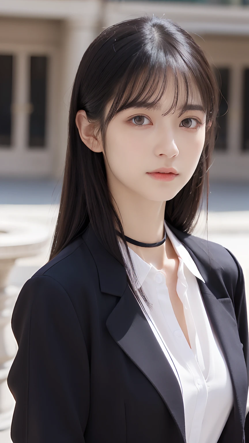 1 adult female, (up of face:1.5), Black hair, Blunt bangs, hair behind ear, hair over shoulder, Long hair, Ultra Fine Face, Thin face, Delicate lips, (beautidful eyes:1.5), thin blush, eyes are light brown,View here, （Hands hide）, formal jackets, a choker ,Port Area ,One-person viewpoint,  8K, masutepiece, nffsw, Super Detail, High quality, Best Quality, hight resolution,