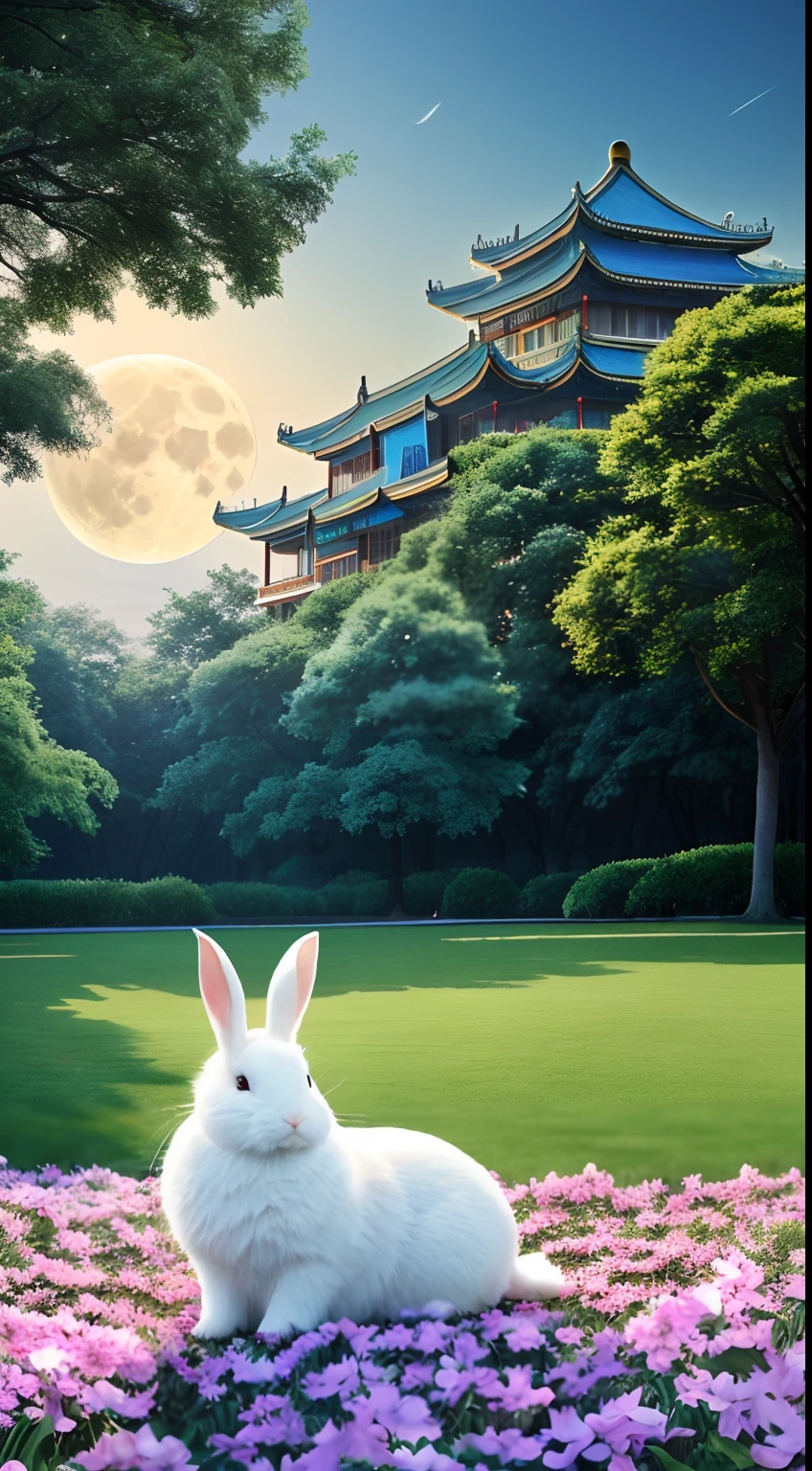 Cute white rabbit，super high image quality，In the background is a huge moon，Huge palace，Guanghan Palace，White clouds，laurel，Dappled tree shadows，Soft light，the night，The sky is dark blue，4K Ultra HD, 超高分辨率, (Photorealistic: 1.4), Best quality，Masterpiece，（pastel colour：1.2)