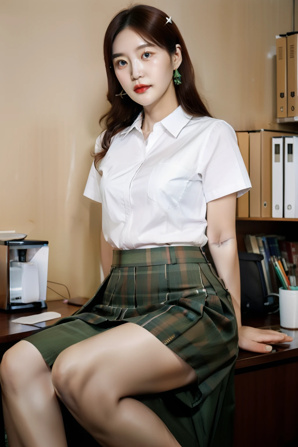 (best quality,photorealistic),2 schoolgirls,sightly fat, long and dark brown hair, middle parted bangs, realistic, full body, white short-sleeved top, coffee-colored maxi skirt, sitting, office, green hairpins
