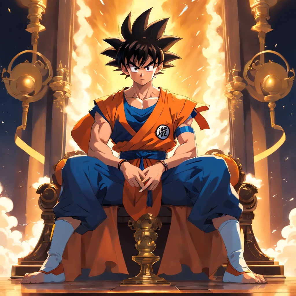 Goku usando um terno social preto, sitting on a royal throne with a cigarette in his hand, serious look, expression serious, incredible details, nuvens amarelas ao fundo