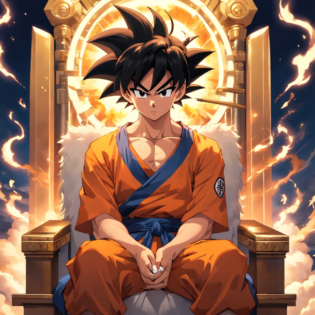 Goku usando um terno social preto, sitting on a royal throne with a cigarette in his hand, serious look, expression serious, incredible details, nuvens amarelas ao fundo