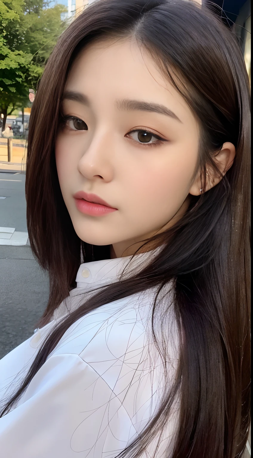 ((Best Quality, 8K, Masterpiece: 1.3)), Sharp: 1.2, Perfect Body Beauty: 1.4, Slim Abs: 1.2, ((Layered Hairstyle, Big Breasts: 1.2)), (Wet White Button Long Shirt: 1.1), (Rain, Street: 1.2), Wet: 1.5, Highly detailed face and skin texture, detailed eyes, double eyelids, side face looking at the camera