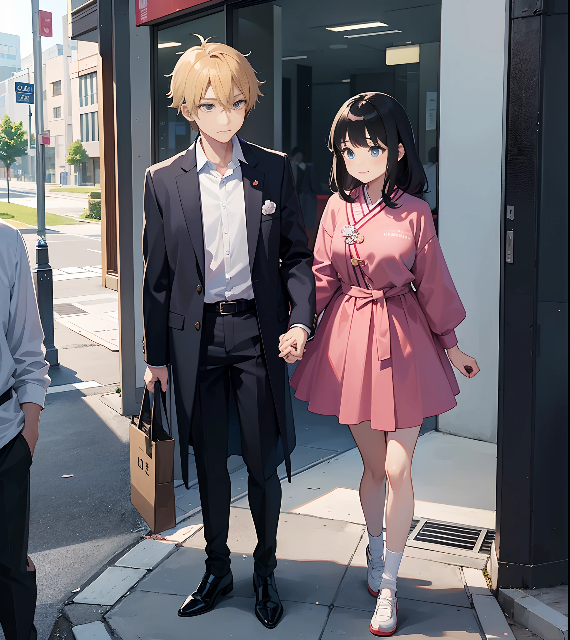 (there is a woman and a boy Stand standing side by side :2,0), a picture by Shingei, pixiv, shin hanga, hi - res scan, hi-res scan, at pixiv, in anime style,One hand hugs the girl's waist, sweet couple, official art, made with anime painter studio, in an anime style, 8k!!,(Korean junior high school uniform a girl with mini skirt),(anime style),(Same uniform),(a young girl with a young boy),(sweet face),(13 year old couple),(cute face),(smiley face),(full body shot),(loli and shota)