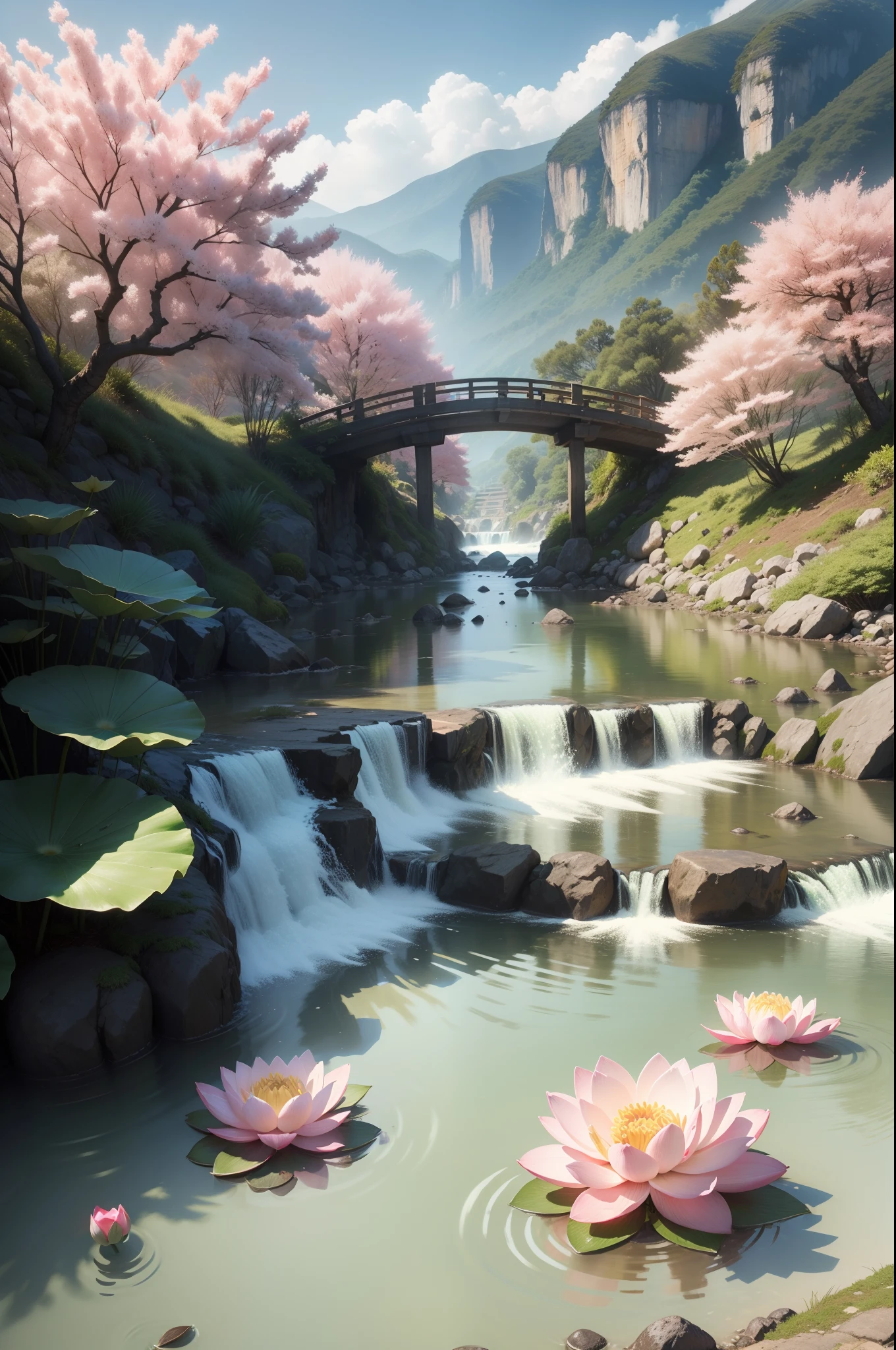 mountain water,China-style,small bridge of running water,Um cardume de peixes vermelhos,lotus flowers on the water,Nebulization in water,Sob o beiral,no quintal,Totem quatro lados,Red tree,grande cena,Fundo cinza branco,Small pavilion,estilo de lavagem de tinta,Peach blossoms fall,Olhe para as flores no nevoeiro,Fairyland na terra,lotus flowers on the water,cercado por nuvem,HD 4k |,..3d,textura