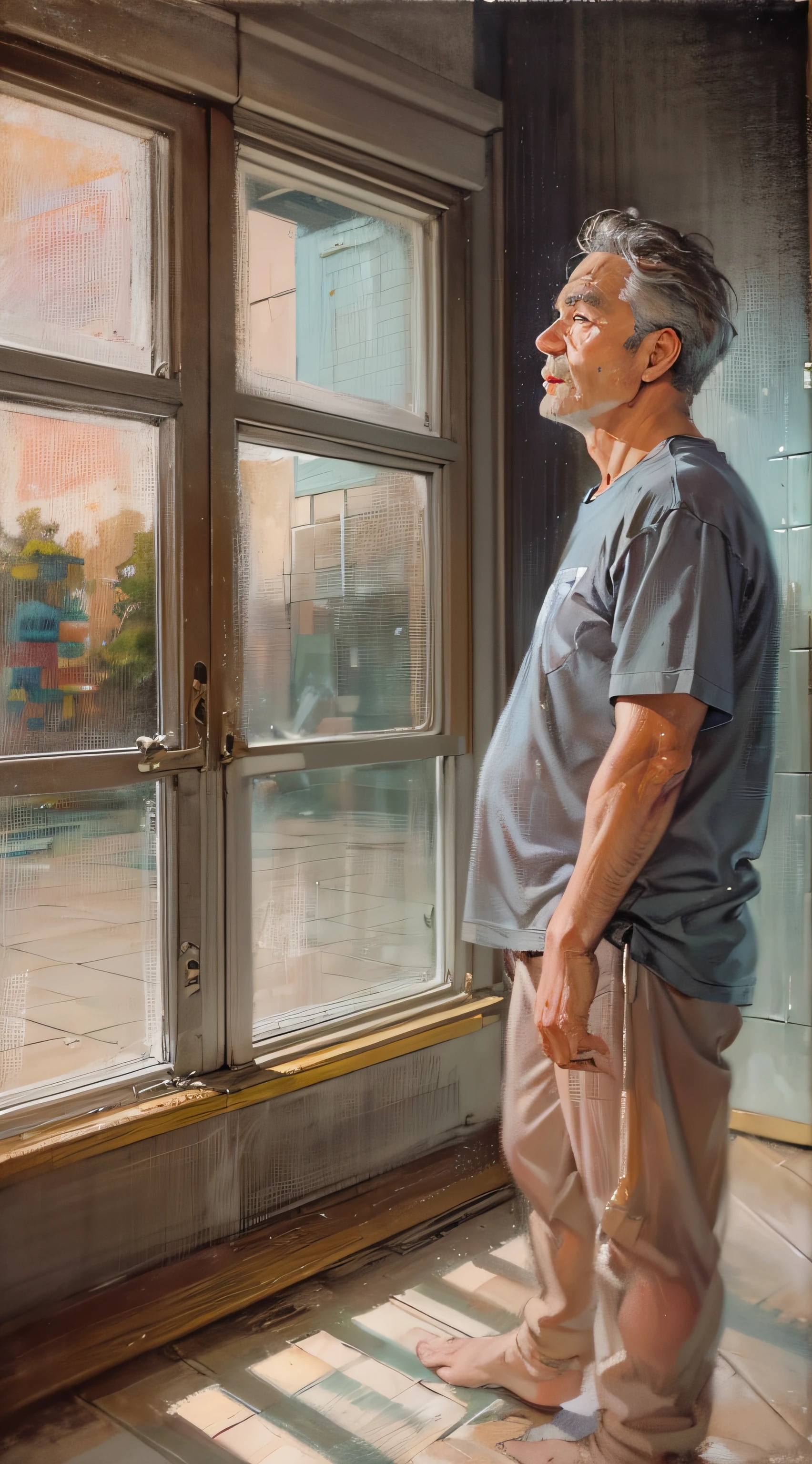 Homem, 50 anos, Pintura realista, bolo, Artista apaixonado, art-station, Smoothness in high definition, cores vivas e quentes, luz natural suave, Lente macro para detalhes sutis, Perspectiva delicada