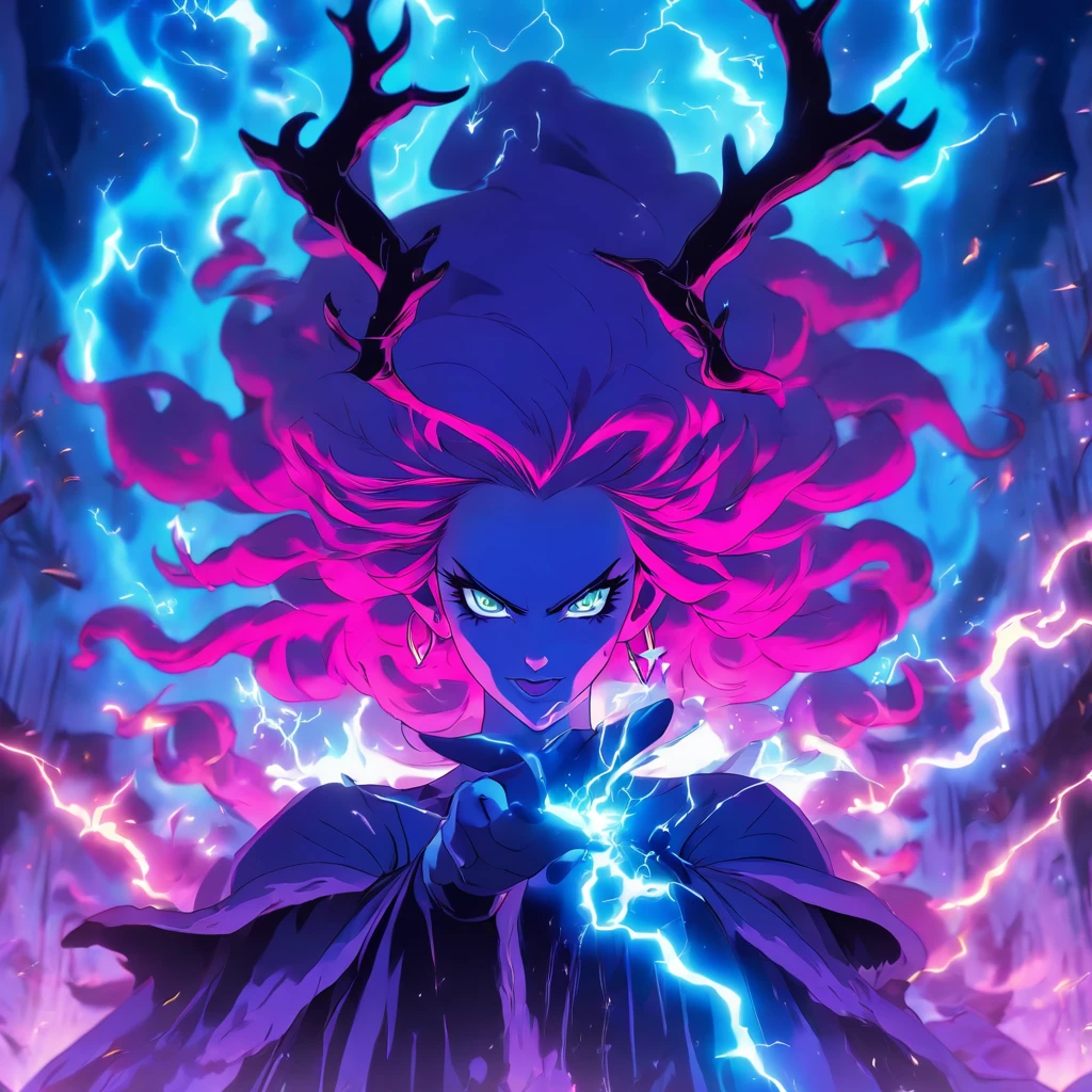 Witch queen with antlers casting lightning spells and summoning creatures