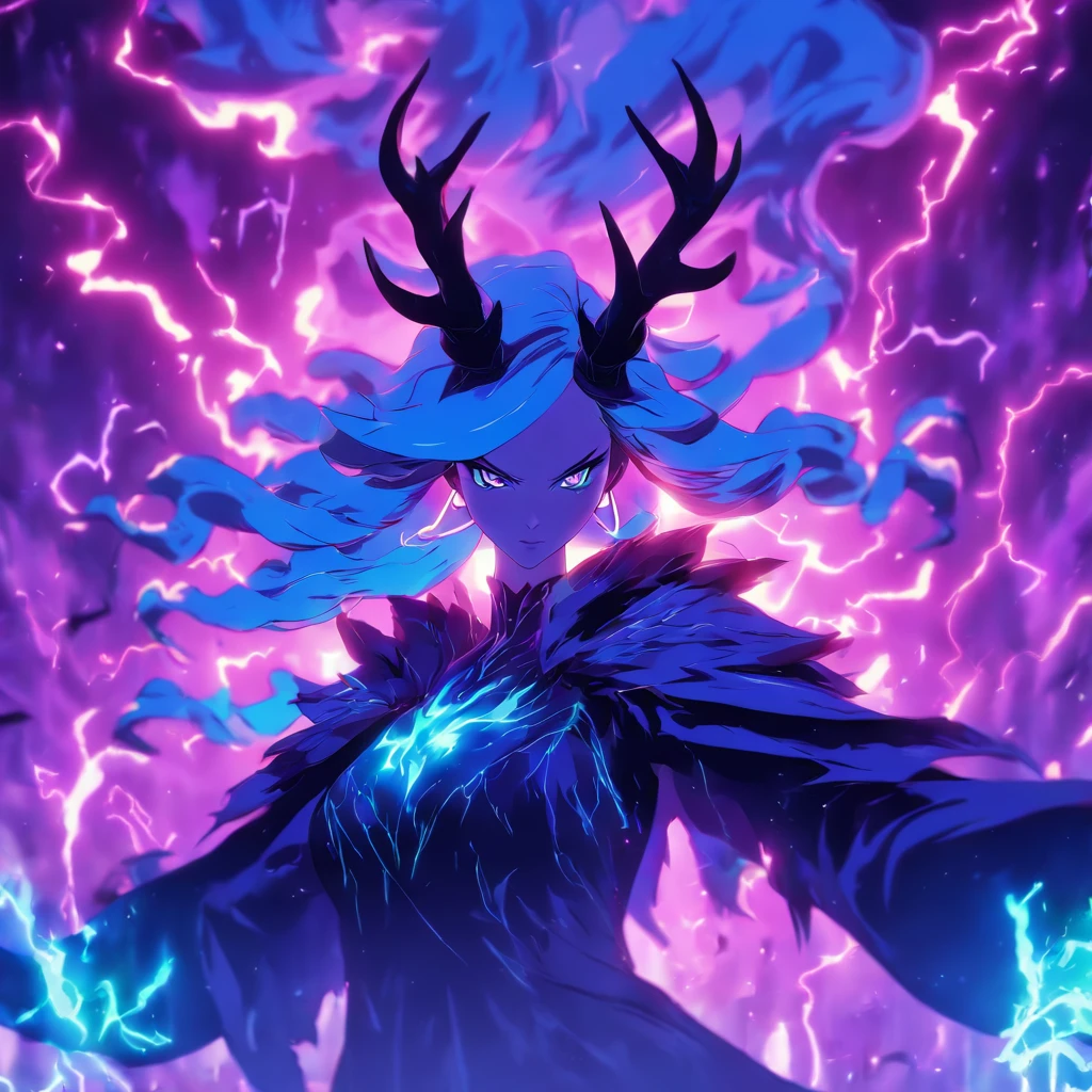 Witch queen with antlers casting lightning spells and summoning creatures