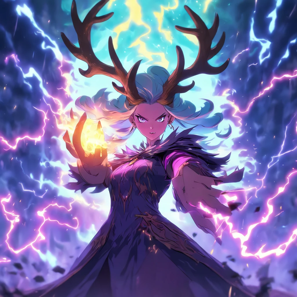 Witch queen with antlers casting lightning spells and summoning creatures