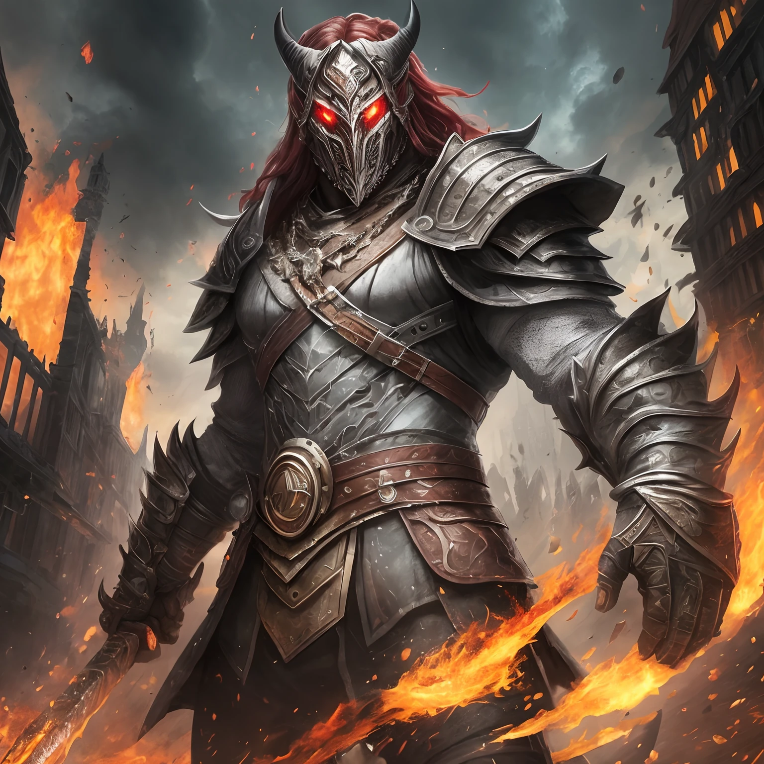 armadura, Berserker, Barbarian man, Arte de Fantasia, of his gaze alone enemies beginning to panic, one head, devilish smile, besta do inferno, demonio, White Fire Sky, guerreiro, com foice e escudo, lindo, homens, Werelion, Long red braided hair, olhos dourados brilhantes, realista, altamente detalhados, Motor irreal, 8k de luxo