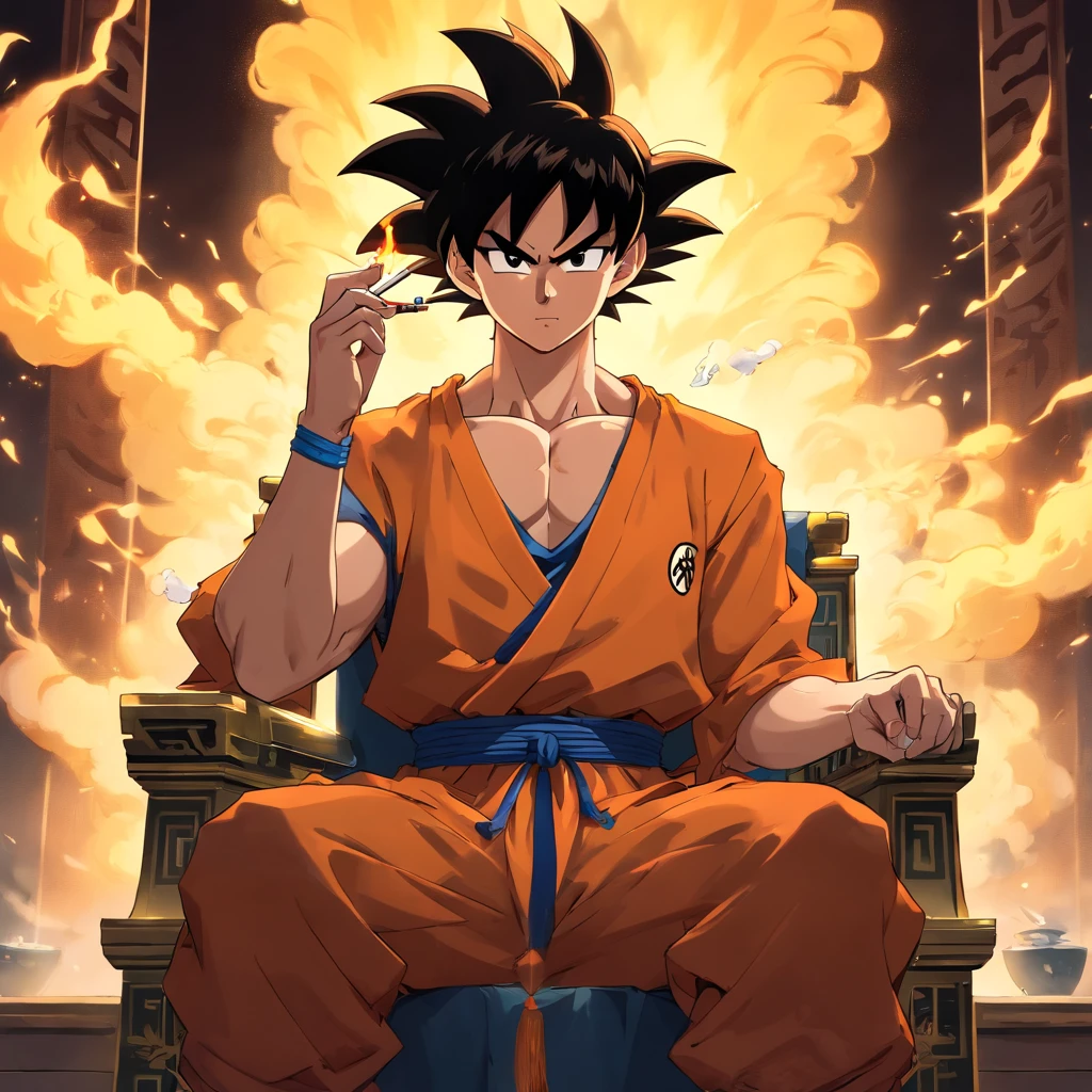 Goku usando um terno social preto, sitting on a royal throne with a cigarette in his hand, serious look, expression serious, incredible details, nuvens amarelas ao fundo