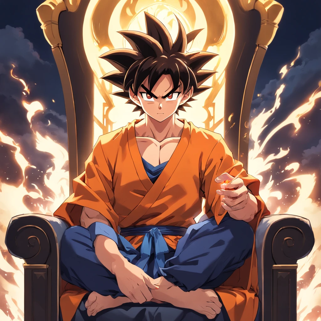 Goku usando uma roupa social preta, sitting on a royal throne with a cigarette in his hand, serious look, expression serious, incredible details, nuvens amarelas ao fundo