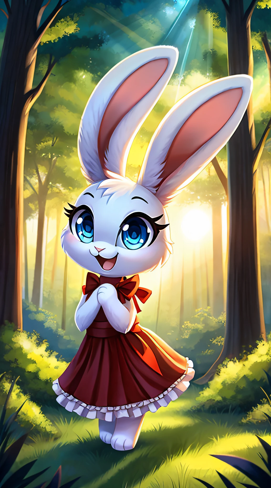 fantasy style art, cute, adorable, a short adorable little fluffy female white bunny with blue eyes, 4 ears, 2 extra ears, big floppy ears, ears perked up, long ears, raised ears, long eyelashes, poofy rabbit tail, wearing a frilly red ribbon dress, smiling, standing in a thick forest, big expressive smile, happy to see you, open mouth, wide eyes, excited eyes, excited face, stunning visuals, sunlight coming through the trees, digital illustration