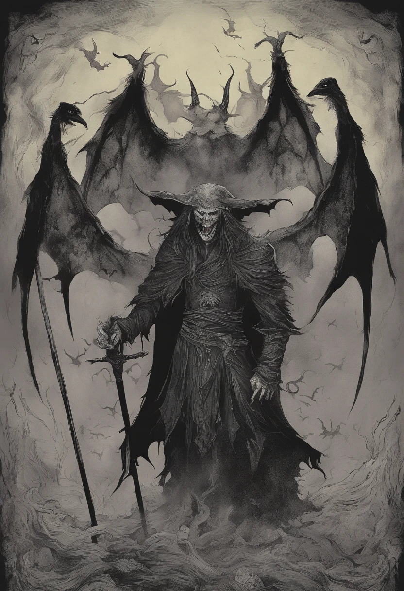 (necromantic,menacing)x2,goblin king with a shard of a crown stuck in his skull,eyes black with necromantic power, snarling,thralls,2 grotesque thralls,crown shard stuck in the skull,ominous atmosphere,haunting presence,gruesome,ominous background,shadows creeping,vivid colors,dark palette,sinister,gloomy lighting,detailed features,horror,nightmarish.