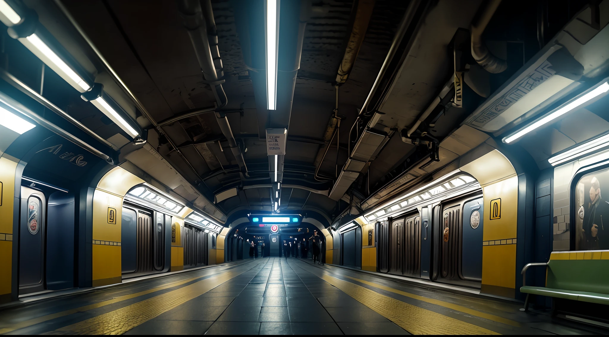 Ultra Realistic Production, (Movie Still Shot of Underground Subway Station:1.4), (Movie Still:1.6), (Night Time:1.6), (Underground Shot:1.4), (Lushy Atmosphere:1.6), (Subway Trains), (Flickwring Lights Effects:1.2), (Dynamic Angle Shot:1.2), Insane Details, Intricate Detail, Cinematic Shot and Lighting, Realistic Colors, Masterpiece, Sharp Focus, Ultra Detailed, Taken with DSLR Camera, Realistic Photography, Depth of Field, Incredibly Realistic Environment and Scene, Master Composition and Cinematography