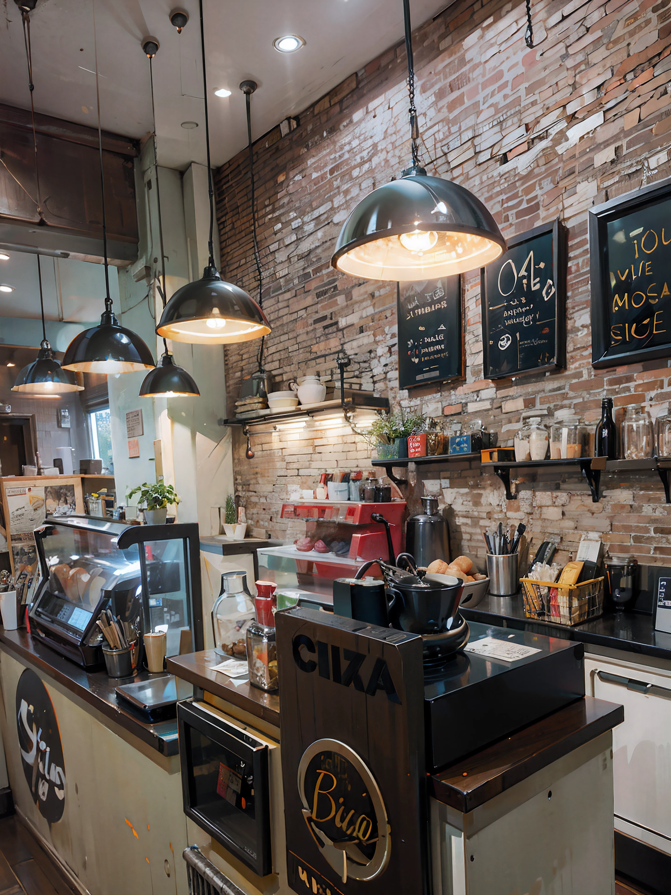 There is a coffee shop with a brick wall and a counter, coffee lighting, cafe interior, coffee shop, atmosfera calorosa e alegre, small hipster coffee shop, coffee shop, Caffee Diner, commercial lighting, Brightly Lit - atmosfera de estilo, um tiro largo e cheio, android coffee shop, taken with sony a7r camera, olhando parcialmente para a esquerda, fotografia de interiores de restaurantes