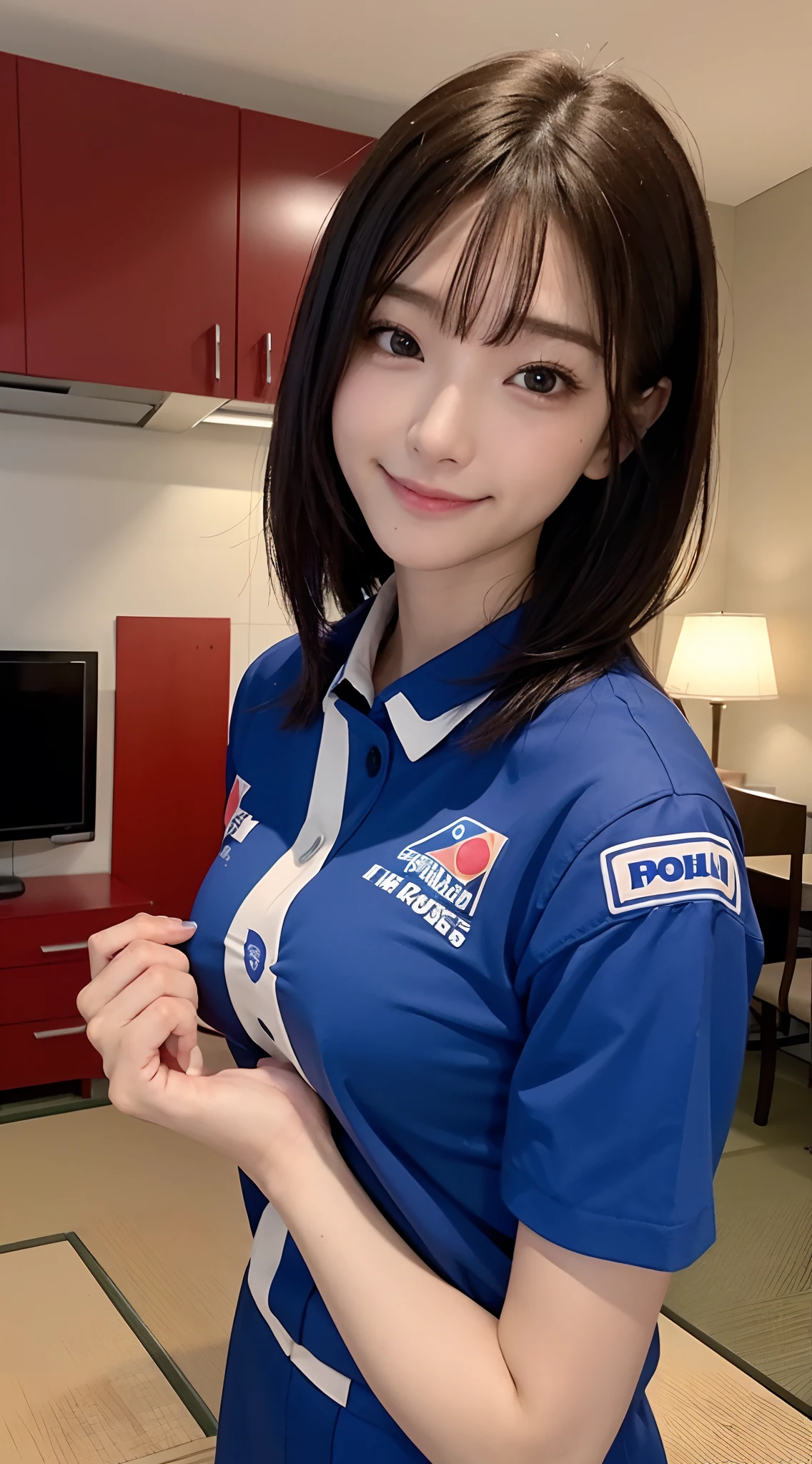 {8K Photo Quality:1.2}、{Ultra-high resolution photo quality:1.2}、{Super Real 1.2}、{Perfect limbs}、{japanes}、masutepiece、NSFW、1male、1female、she Wearing a Domino's Pizza uniform、Being in the living room、exposed her breasts、exposed his penis、she is rubbing his penis with her hands、