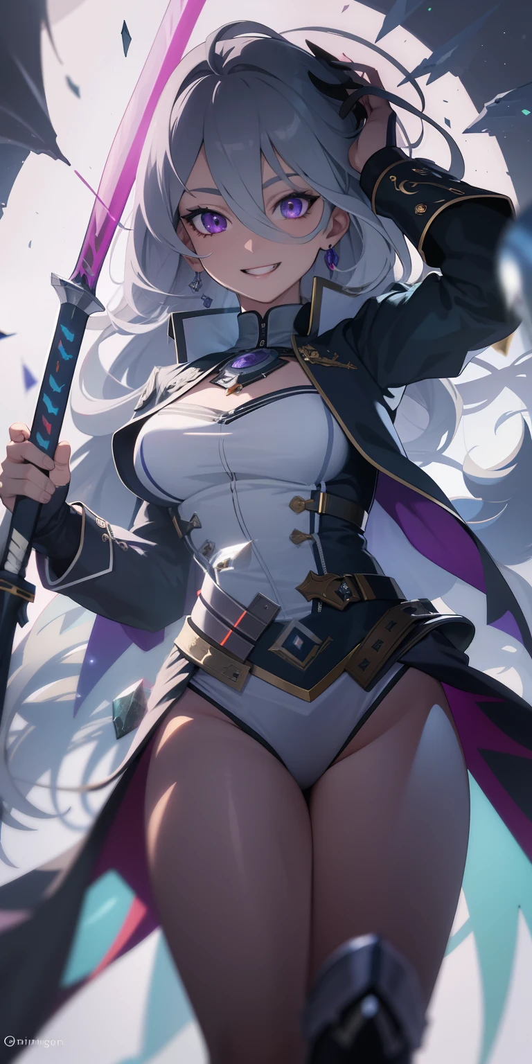 masterpiece, best quality, ultra-detailed, best shadow), (detailed background,dark fantasy), (beautiful detailed face), high contrast, (best illumination, an extremely delicate and beautiful), ((cinematic light)), colorful, hyper detail, dramatic light, intricate details, (1girl, solo,white hair, sharp face,purple eyes, hair between eyes,dynamic angle), swirling black light around the character, depth of field,black light particles,(broken glass), superhero , full body, holding magical sword, woman, happy, smile, look in front, tall, wearing boots, attractive, detailed clothing, woman, adult, sexy, vampire teeth, laughing, looking smart, adorable