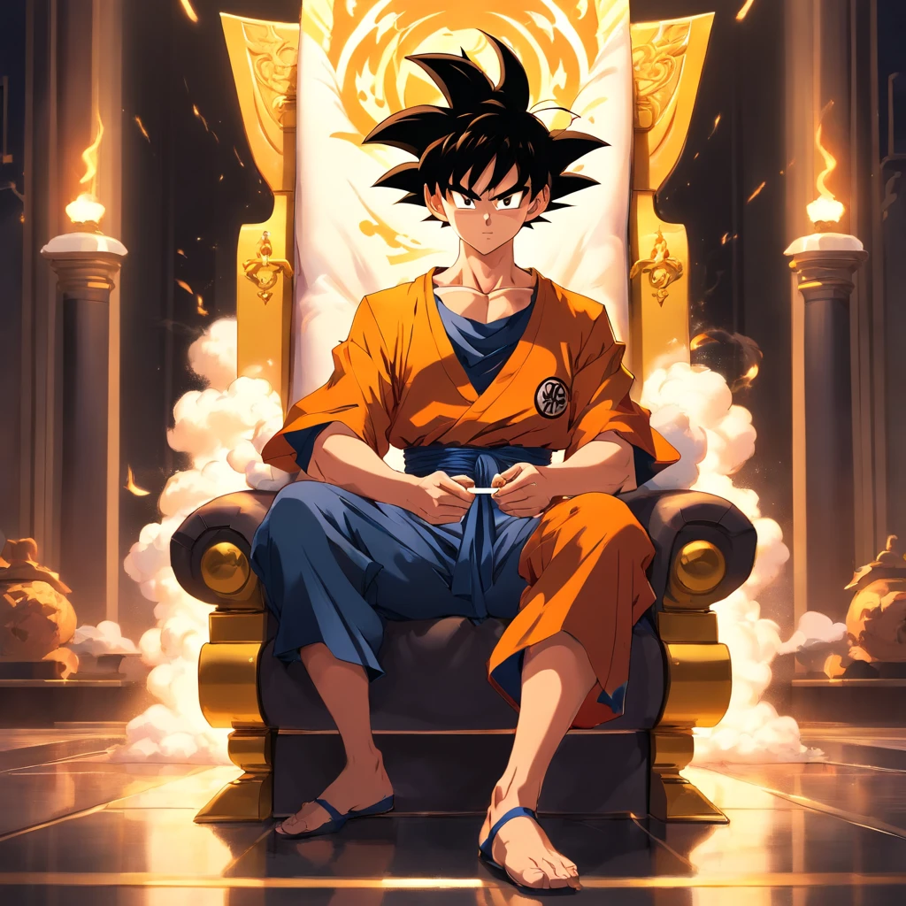 Goku usando um terno social preto, sitting on a royal throne with a cigarette in his hand, serious look, expression serious, incredible details, nuvens amarelas ao fundo