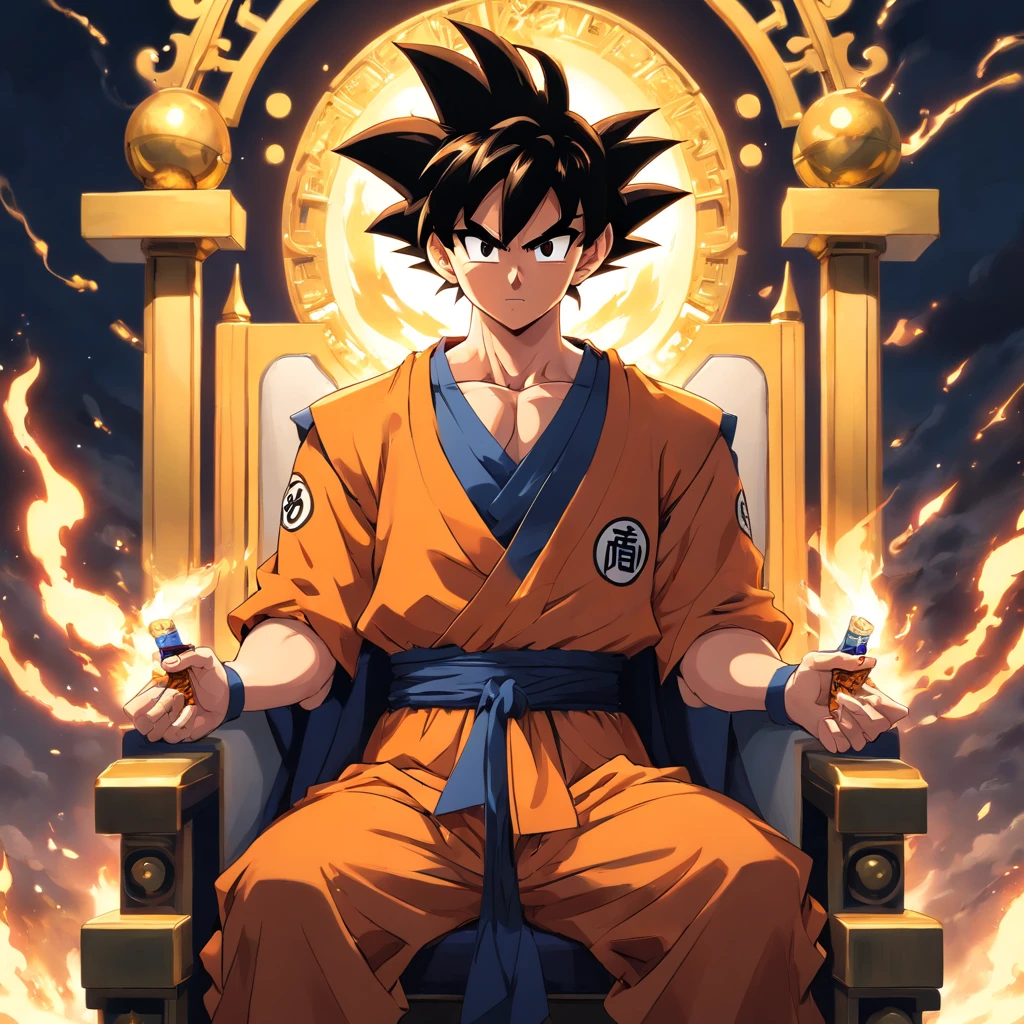 Goku usando um terno social preto, sitting on a royal throne with a cigarette in his hand, serious look, expression serious, incredible details, nuvens amarelas ao fundo