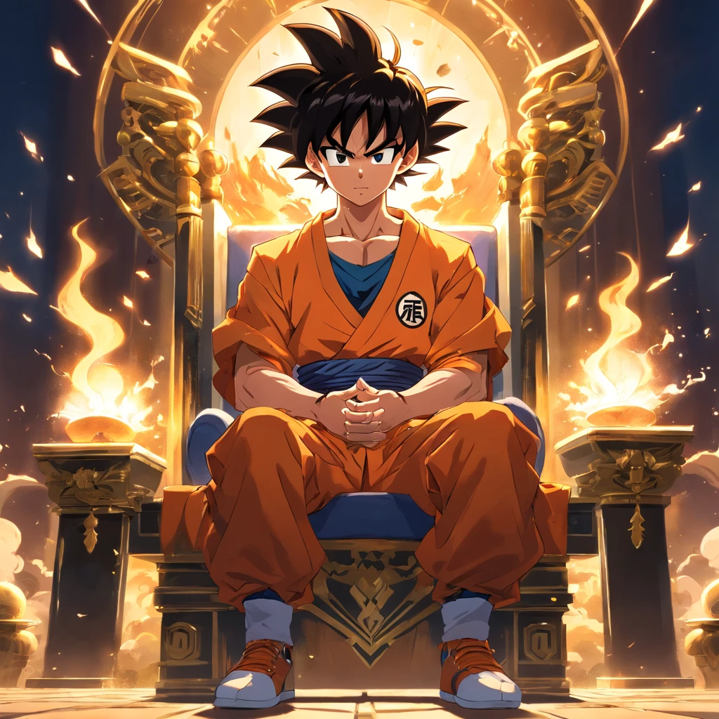 Goku usando um terno social preto, sitting on a royal throne with a cigarette in his hand, serious look, expression serious, incredible details, nuvens amarelas ao fundo