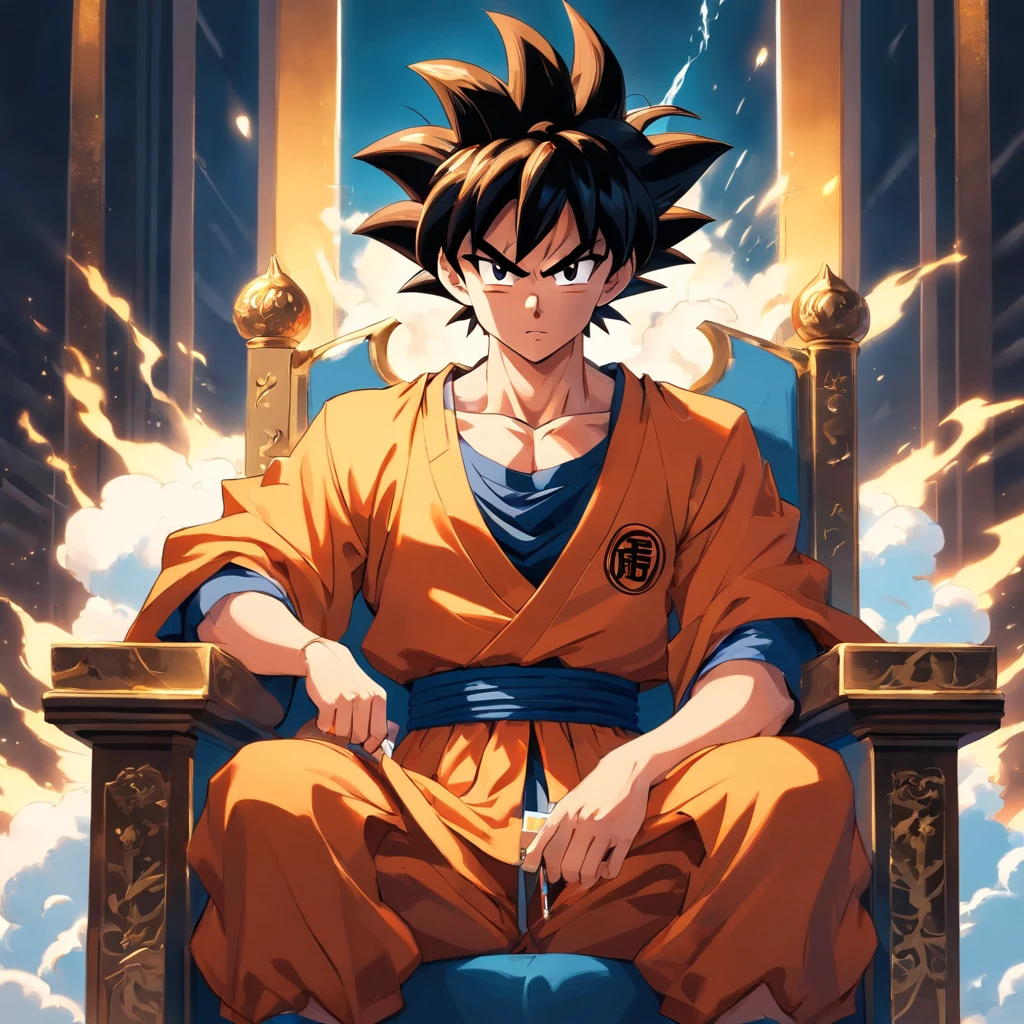 Goku usando um terno social preto, sitting on a royal throne with a cigarette in his hand, serious look, expression serious, incredible details, nuvens amarelas ao fundo