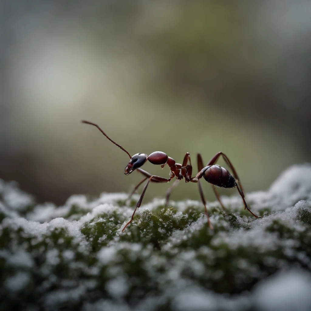 an ant in snowy winter