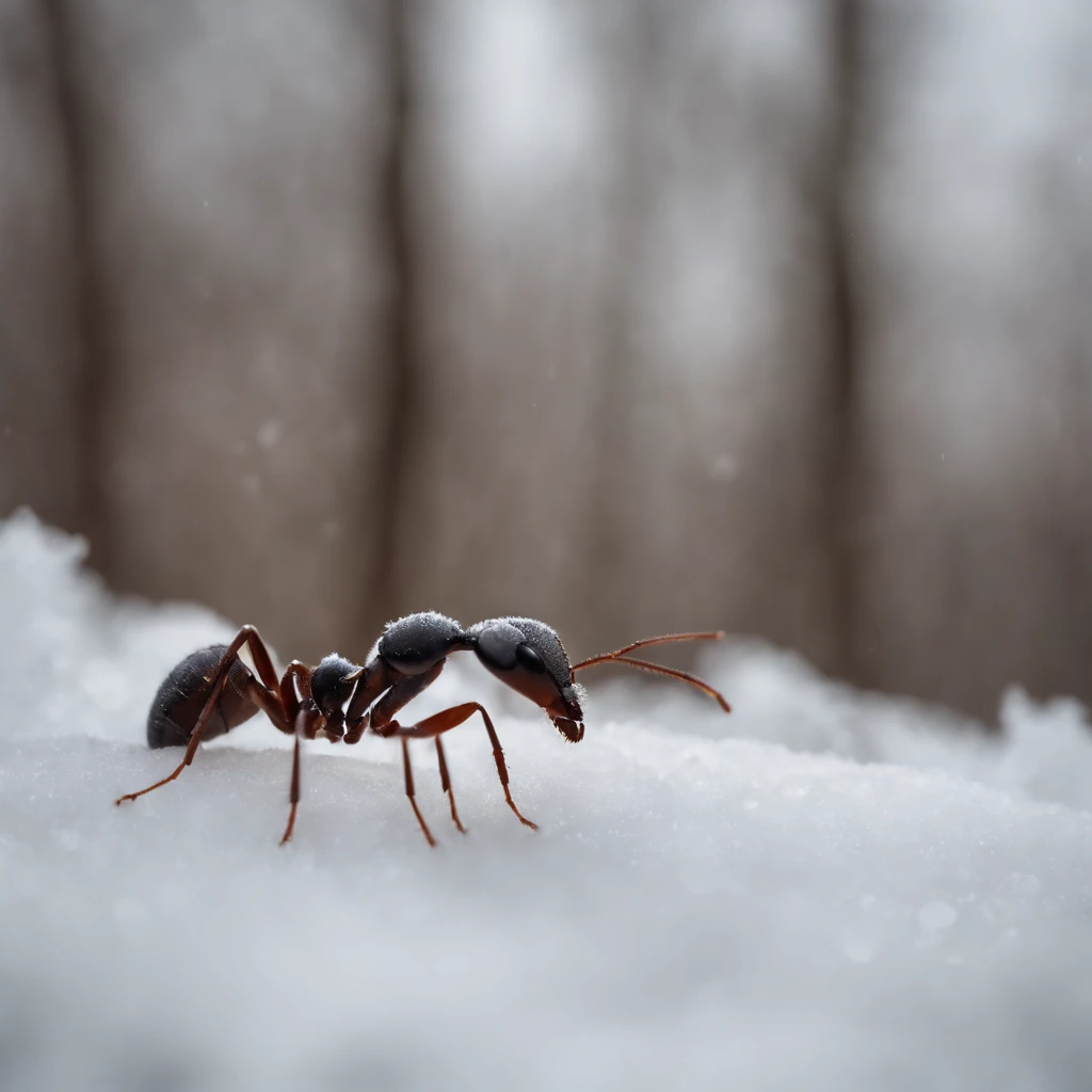 an ant in snowy winter