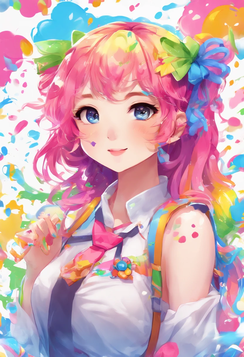 (Masterpiece, Best Quality, High Resolution), White Background, ((Paint Splash, Color Splash, Splash of Ink, Color Splash)), Sweet Chinese Girl, Rainbow Hair, Pink Lips, Front, Upper Body