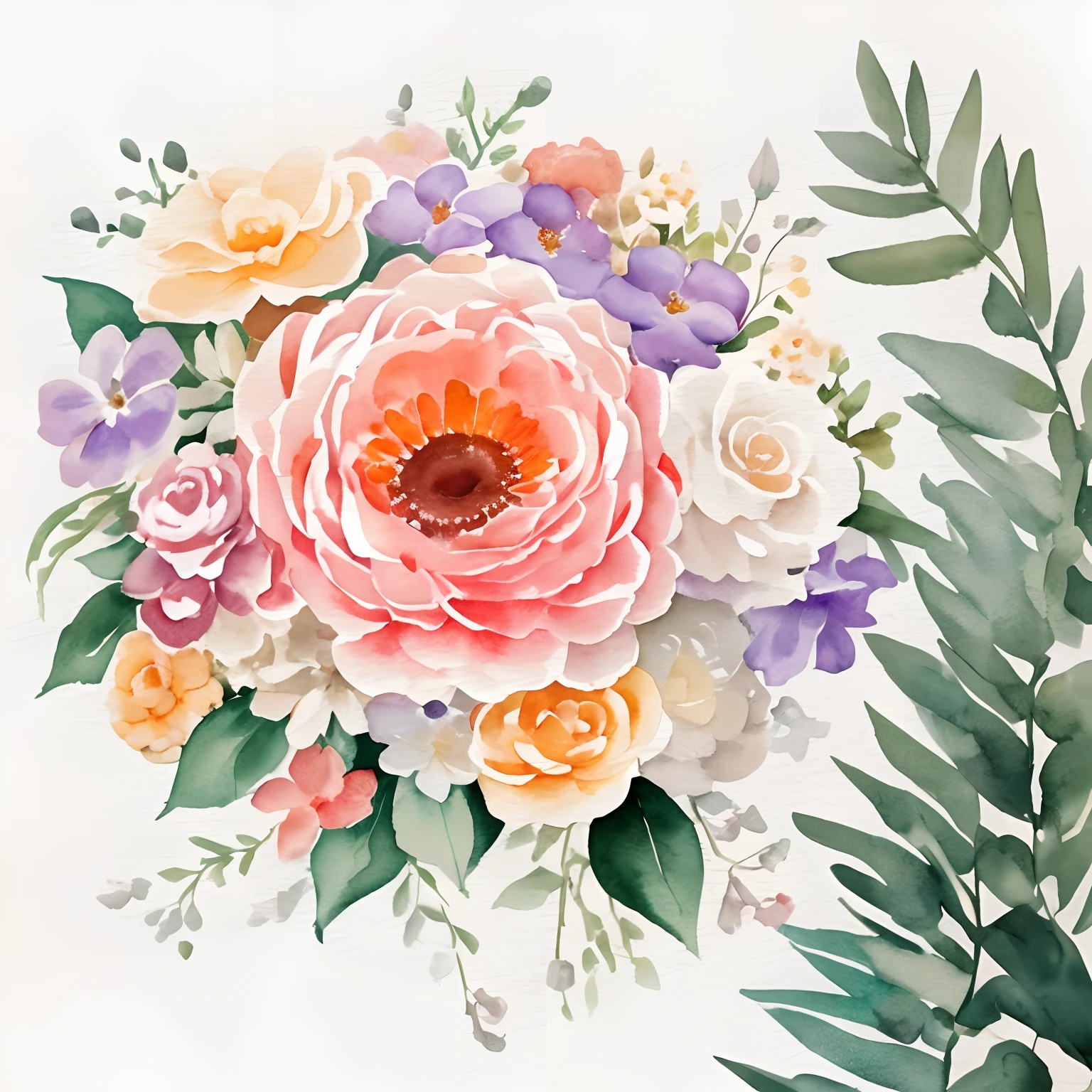 Delicate watercolor illustration, Floral Watercolor, Warm color palette, Pastel colors, White background, Cozy