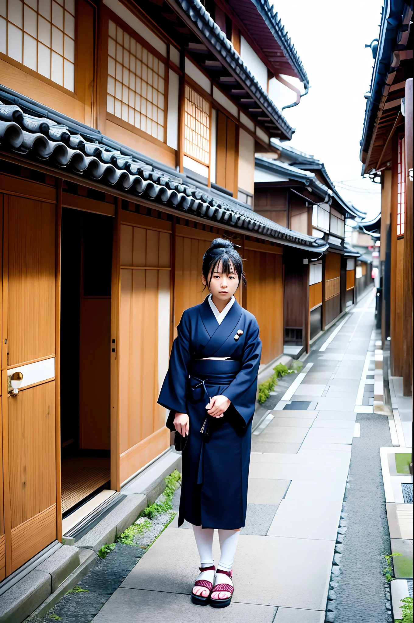 Japan woman standing alone in the streets of Kyoto