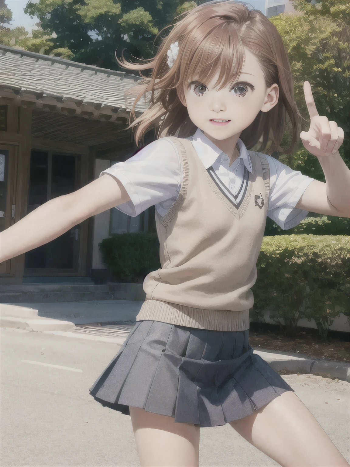 masterpiece、top-quality、ultra-detailliert、Misaka Mikoto、student clothes, tokiwadai_School_uniform, White shirt with short sleeves, Sweater Vest, grey skirt, Light Brown Sleeveless Cardigan、battle posture、Flick your finger on the coin、mid air、Fall