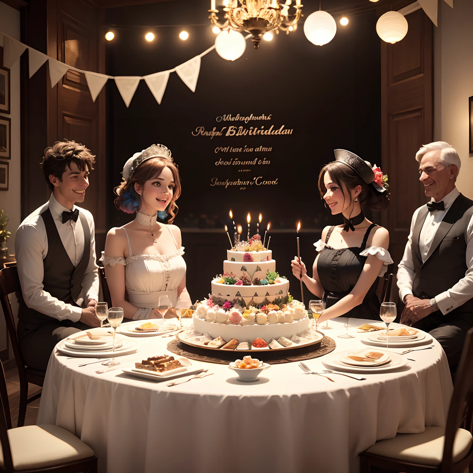 ''/Imagine a beautiful birthday décor, repas copieux, fourchettes, couteau de table, table lumineuse, near a swimming pool, presence of multicolored flowers, birthday cake with Adolphe written on top and placed on a candlestick, un perroquet multicolore et deux colibris volent autour de la table, Black and cheerful people in the background gathered for a photo shoot."