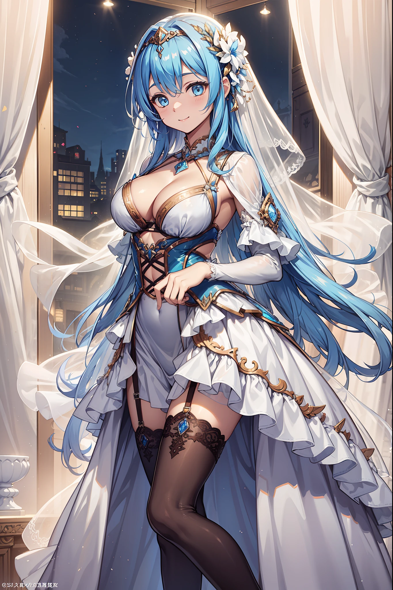 teens girl,enchanted,having fun,Being in love,(Western magic white dress),silber hair,eBlue eyes,see-through transparent clothes,Delicate hair accessories,Transparent lace,Sky blue pattern,the night,exquisite costumes,Bedrooms,solo person,the night,Carved suspender boots