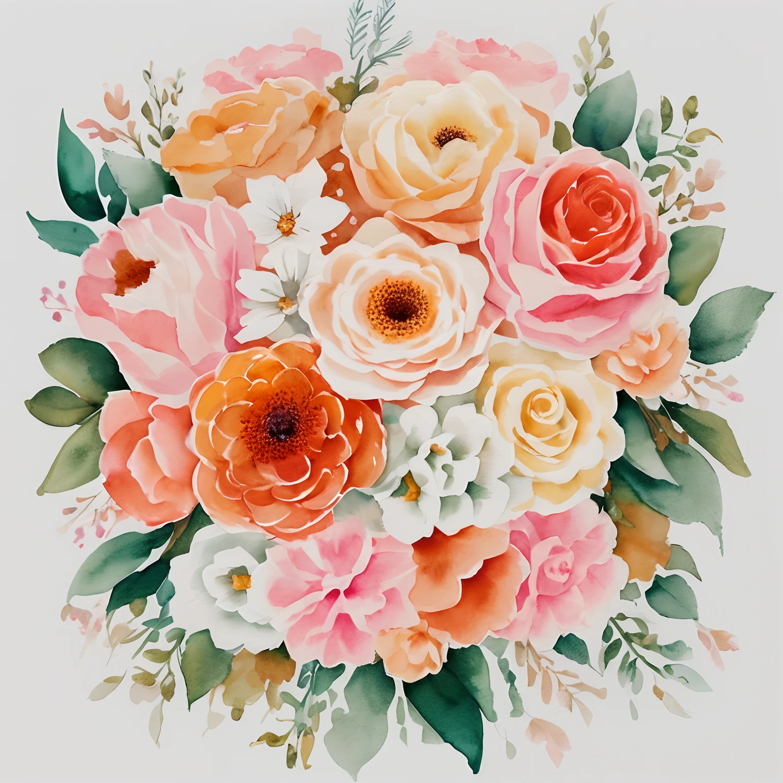 Delicate watercolor illustration, Floral Watercolor, Warm color palette, Pastel colors, White background, Cozy