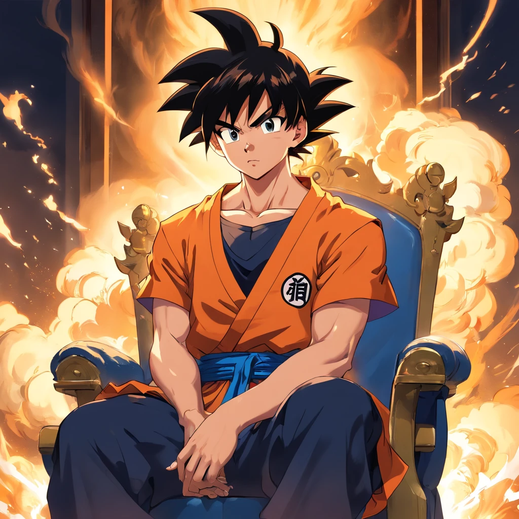 Goku usando uma roupa social preta, sitting on a royal throne with a cigarette in his hand, serious look, expression serious, incredible details, nuvens amarelas ao fundo
