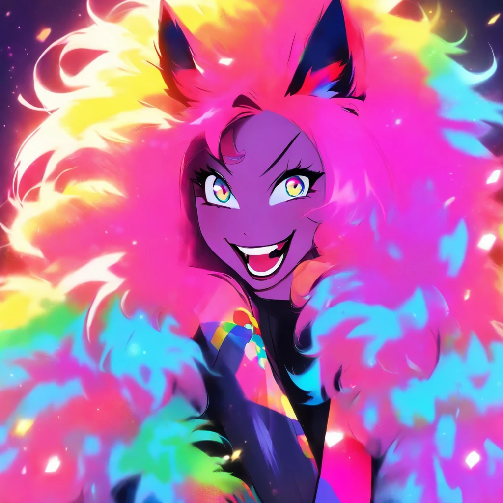 female wearing colorful fur lined lingerie, has long flowing rainbow hair, fair skin, wearing colorful fur lined sheer robe, portrait, alone, solo, portrait, has big fluffy wolf ears, has seductive smile, goth, dominatrix, wearing black lipstick